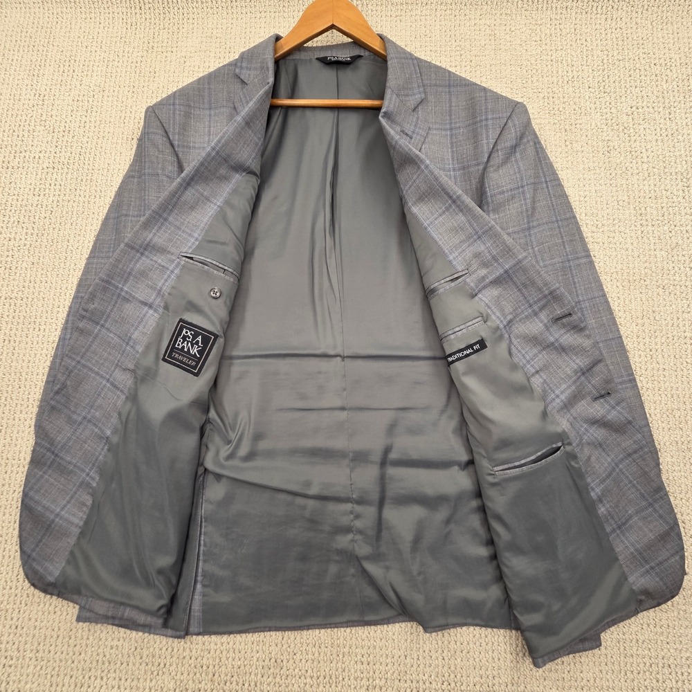Jos A Bank‎ Traveler Traditional Fit Wool Blazer Jacket Gray Blue Plaid Mens 50R - Picture 9 of 10